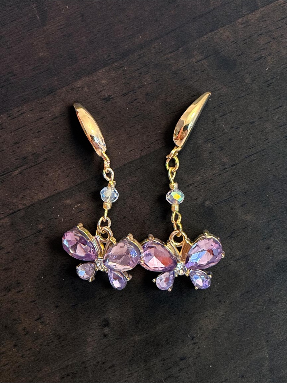 Hand Crafted Gold Butterfly Earrings with Purple Crystals